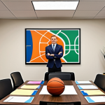 **

Prompt: A determined athlete transitioning from the sports field to a modern, bright office. The athlete is confidently presenting a business plan to a diverse team, showcasing leadership and communication skills. The scene emphasizes the transfer of discipline and teamwork from sports to entrepreneurship. The overall feeling is energetic and optimistic, highlighting the potential for success in this career change. Include subtle visual cues referencing sports equipment integrated into the office setting (e.g., a basketball hoop transformed into a modern art piece).

**