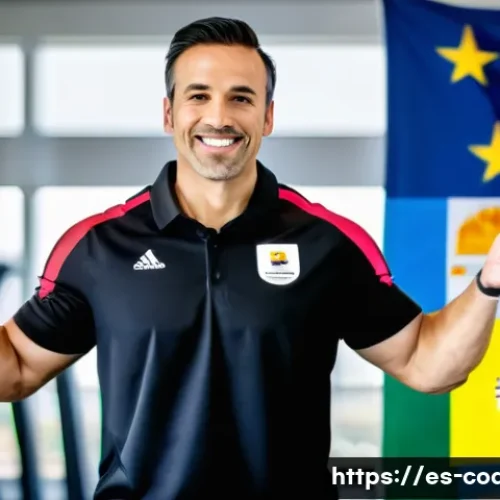 스포츠지도사 자격증 국제 인증 여부 - A professional sports coach in a modern gym setting, wearing branded athletic wear and holding an in...