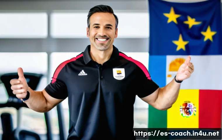 스포츠지도사 자격증 국제 인증 여부 - A professional sports coach in a modern gym setting, wearing branded athletic wear and holding an in...