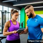 스포츠지도사 취업 가능한 분야 - A professional personal trainer coaching an adult client in a modern gym setting in Spain, both wear...