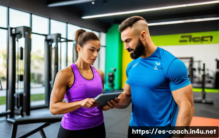 스포츠지도사 취업 가능한 분야 - A professional personal trainer coaching an adult client in a modern gym setting in Spain, both wear...