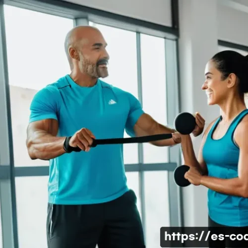 스포츠지도사 자격증으로 창업한 사례 - A professional sports trainer conducting a personalized functional training session for a middle-age...