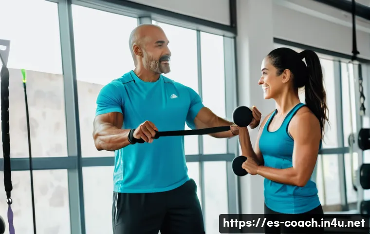 스포츠지도사 자격증으로 창업한 사례 - A professional sports trainer conducting a personalized functional training session for a middle-age...