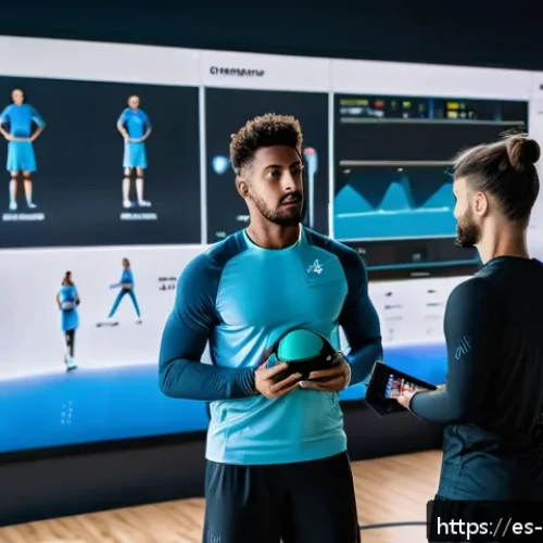 스포츠지도사 관련 대회 및 세미나 - A high-tech sports training session scene in a modern gym located in Madrid, Spain, featuring a dive...