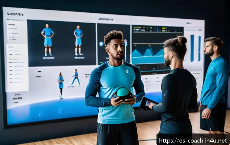 스포츠지도사 관련 대회 및 세미나 - A high-tech sports training session scene in a modern gym located in Madrid, Spain, featuring a dive...